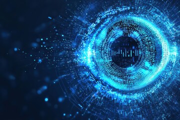 Poster - Digital eye with binary code in the center, representing technology, data security, and artificial intelligence in a futuristic digital world