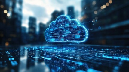 Poster - A glowing digital cloud appears above reflective surfaces in a modern city, showcasing intricate data patterns and a vibrant atmosphere during twilight