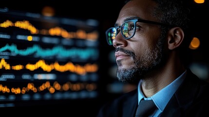 Poster - In a modern office setting at night, a focused professional studies financial data on multiple screens, surrounded by illuminated graphs and charts reflecting his diligent work