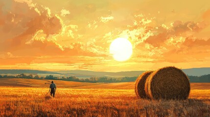 Illustration of a farmer in a sunlit field working hard during harvest with hay bales under a beautiful golden sunset sky