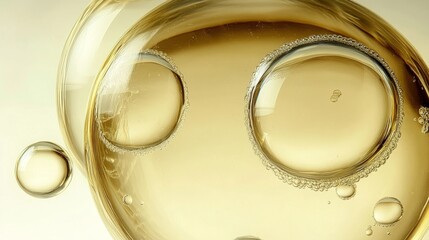Poster - Bubbles float in a smooth amber liquid, illuminated by soft light. The play of light creates reflections and highlights the delicate shapes and colors of the bubbles