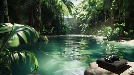 Wall Mural - cooling system and video game console next to a crystal clear jungle pool