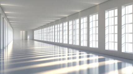 Poster - A modern interior features expansive windows that allow abundant natural light to flood the space, creating a bright atmosphere with a reflective floor and minimalist design