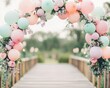 © AbsoluteAi - Colorful balloon archway decoration over wooden bridge in a blurred garden setting.