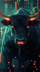 Poster - Abstract bull art with modern digital elements and vibrant colors representing strength and market trends