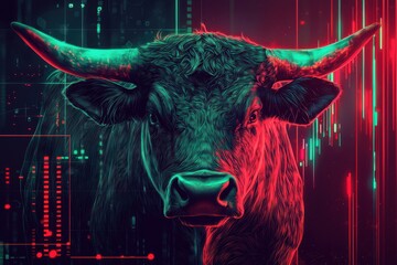 Poster - Abstract bull with glowing neon lights and digital lines creating a futuristic candlestick chart effect