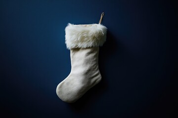 Wall Mural - White Christmas Stocking with Faux Fur Cuff Hanging Against a Dark Blue Wall