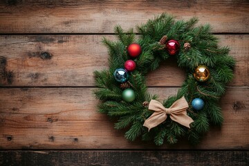 flat lay image of a natural Christmas wreath crafted from lush green pine branches. The wreath is adorned with a few colorful baubles and a delicate ribbon