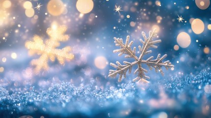 Aufkleber - delicate snowflakes sparkle in a dreamy winter wonderland, enhanced by warm, soft lights and a textu