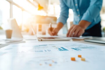Poster - A person works on financial documents with charts and graphs in an office setting, showing focus and attention to detail in a professional environment.
