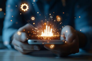 Poster - A person holds a smartphone with a digital bar graph and icons floating above, symbolizing connectivity, data analytics, and futuristic technology interaction.