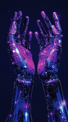 Poster - purple robotic hands reaching out against a dark background symbolizing futuristic technology and in