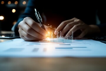 Poster - Close-up shot of hands writing on a document with a digital data visualization overlay conveying analysis, precision, and innovative insights in business documentation.