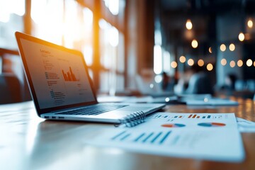 Poster - An open laptop shows data graphs on its screen, placed on a wooden table amidst papers. Highlights the intersection of technology and business productivity.