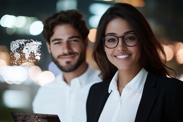 A smiling businesswoman with glasses holds a tablet beside a male colleague, both in professional attire, against a backdrop of bright city lights at night.