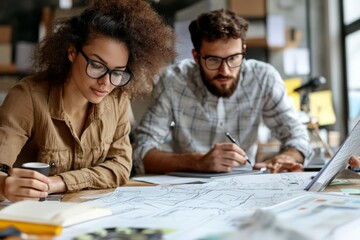 Two individuals concentrate on design plans during a meeting in a bright office, with laptops and coffee cups adding to the creative and productive atmosphere.