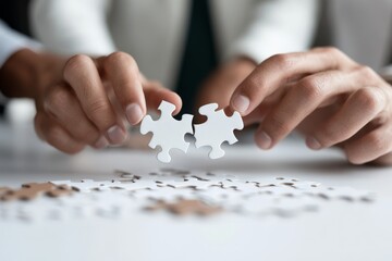 Two hands bring together two puzzle pieces, symbolizing teamwork, collaboration, and problem-solving. The image portrays connection in a literal and abstract sense.