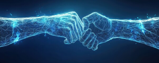 Poster - digital handshake formed by two hands symbolizing technology and collaboration in a futuristic netwo
