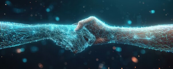 Poster - Digital handshake illustrating technology partnership and connection in a futuristic virtual environment