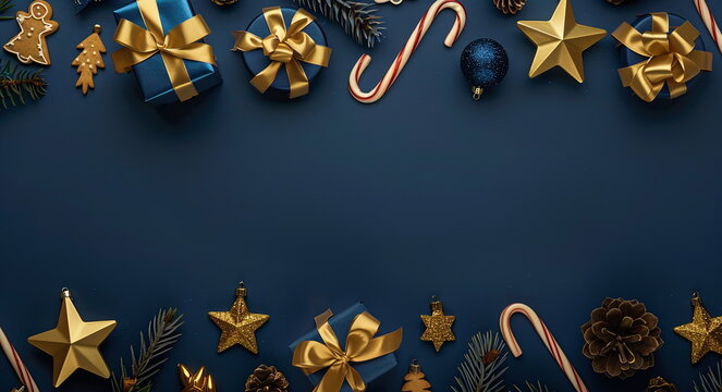A flat lay of dark blue and gold Christmas decorations, including present boxes with golden bows, candy canes, gingerbread cookies, pine cones, stars, on an isolated navy background.