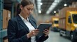 © schiers_images - Confident businesswoman using a tablet to manage logistics in a large warehouse. Focused and professional atmosphere with efficient organization and modern technology.