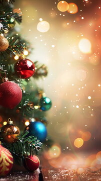 Christmas Tree With Baubles And Blurred Shiny Lights, background with copy space