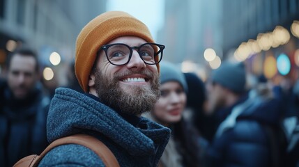 A cheerful young man wearing a beanie and glasses smiles warmly in a bustling urban environment, capturing the essence of city life and winter joy.