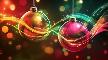 Poster - Two shimmering Christmas ornaments dangle in a lively atmosphere, surrounded by vivid colors and soft glowing lights. Generative AI