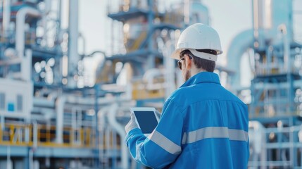 Poster - Engineer Using Digital Tablet to Monitor Fuel Processing Operations