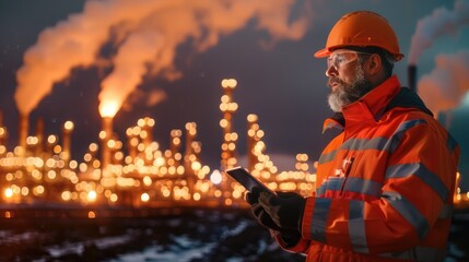 Poster - Engineer Monitoring Fuel Process with Digital Tablet at Industrial Site