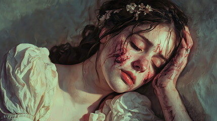 Poster - A tranquil yet haunting portrait of a young woman with closed eyes capturing depths of emotion and intrigue in a dreamlike state