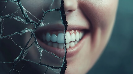 Poster - Exploring the duality of joy and fragility a smiling face surrounded by a cracked surface symbolizing inner conflict and resilience