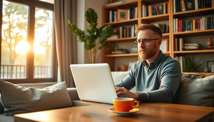 Working from home, a man sits at a desk at home with a laptop, surrounded by a cozy atmosphere, shelves with books, a cup of coffee on the table. Outside the window you can see trees and sunlight.