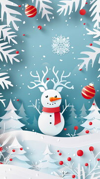 Winter Christmas and New year vertical composition in paper cut style, created by children, kids. Hand made effect. Blue and white colors. Christmas tree, snowflakes, snow, berries.
