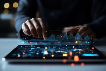 Poster - A hand skillfully interacts with what appears to be a futuristic digital interface on a tablet device, showcasing advanced technology and innovations in data handling.