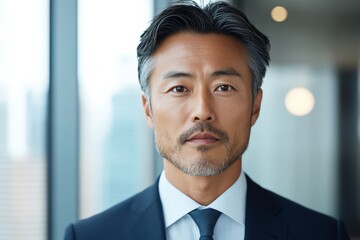 An experienced businessman with gray hair and beard wears a classic suit, exuding wisdom and authority, standing in a modern office with soft lighting.