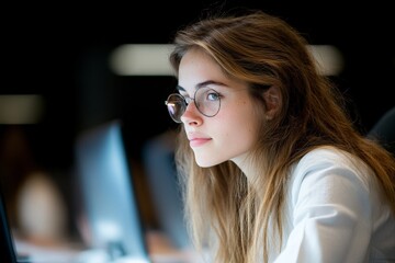 Poster - A focused woman with glasses working diligently on a computer in a modern office setting, showcasing concentration and determination in a professional environment.