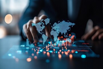 Poster - A businessperson interacts with a digital world map projection, featuring colorful data charts, illustrating global business analytics and trends.
