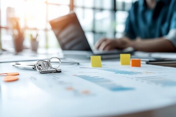 Poster - A desk displays detailed business graphs and a laptop, representing strategic planning, analysis, and data-driven decision-making in a modern professional environment.