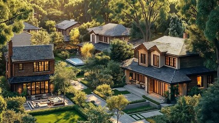 Poster - This Sunlight filters through trees, illuminating elegant houses surrounded by lush greenery.