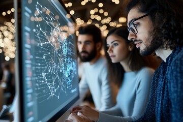 Poster - A diverse team concentrates on a large screen displaying intricate data analyses, reflecting teamwork and advanced technological environments in bustling workplaces.