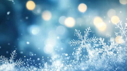 Aufkleber - Delicate snowflakes shimmer against a soft blue backdrop, illuminated by warm bokeh lights, capturing the spirit of winter's beauty. Generative AI