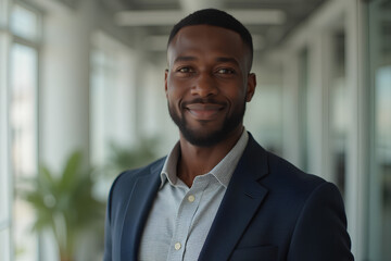 Wall Mural - portrait of successful black businessman consultant looking at camera and smiling inside modern office building