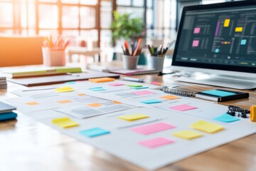 A desk filled with colorful project plans, sticky notes, and office tools, illustrating organization, planning, creativity, and productivity in a modern workspace.