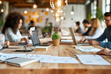 Poster - a bustling office environment with multiple people working at desks, laptops, and facing a large woo