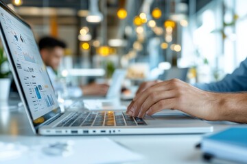 Poster - an individual working on a laptop displaying charts and graphs in a vibrant, modern office environme