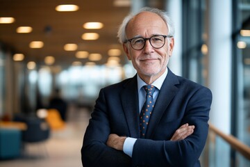 An elderly, confident businessman with glasses stands poised in a contemporary office, exuding wisdom and experience in a softly lit, professional atmosphere.