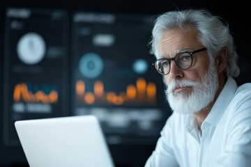 Poster - An older man with a white beard, wearing glasses looks thoughtfully at his laptop while analyzing data displayed on blurry screens in a dark room.