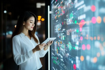 Poster - A woman in a white shirt interacts with a large digital display screen, analyzing complex data and charts in a futuristic tech environment, illustrating modern data analysis.