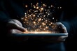 © Odin AI - Hands are holding a tablet emitting a stunning burst of golden sparks, creating a magical and futuristic ambiance, representing technological wonder and creativity.